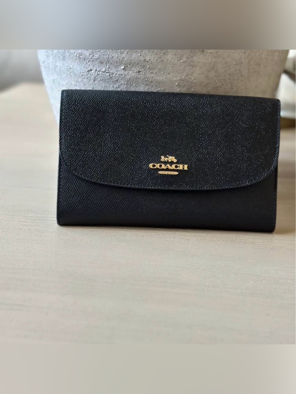 Coach Black Saffiano Leather Logo Clutch Wallet with Gold Accent
